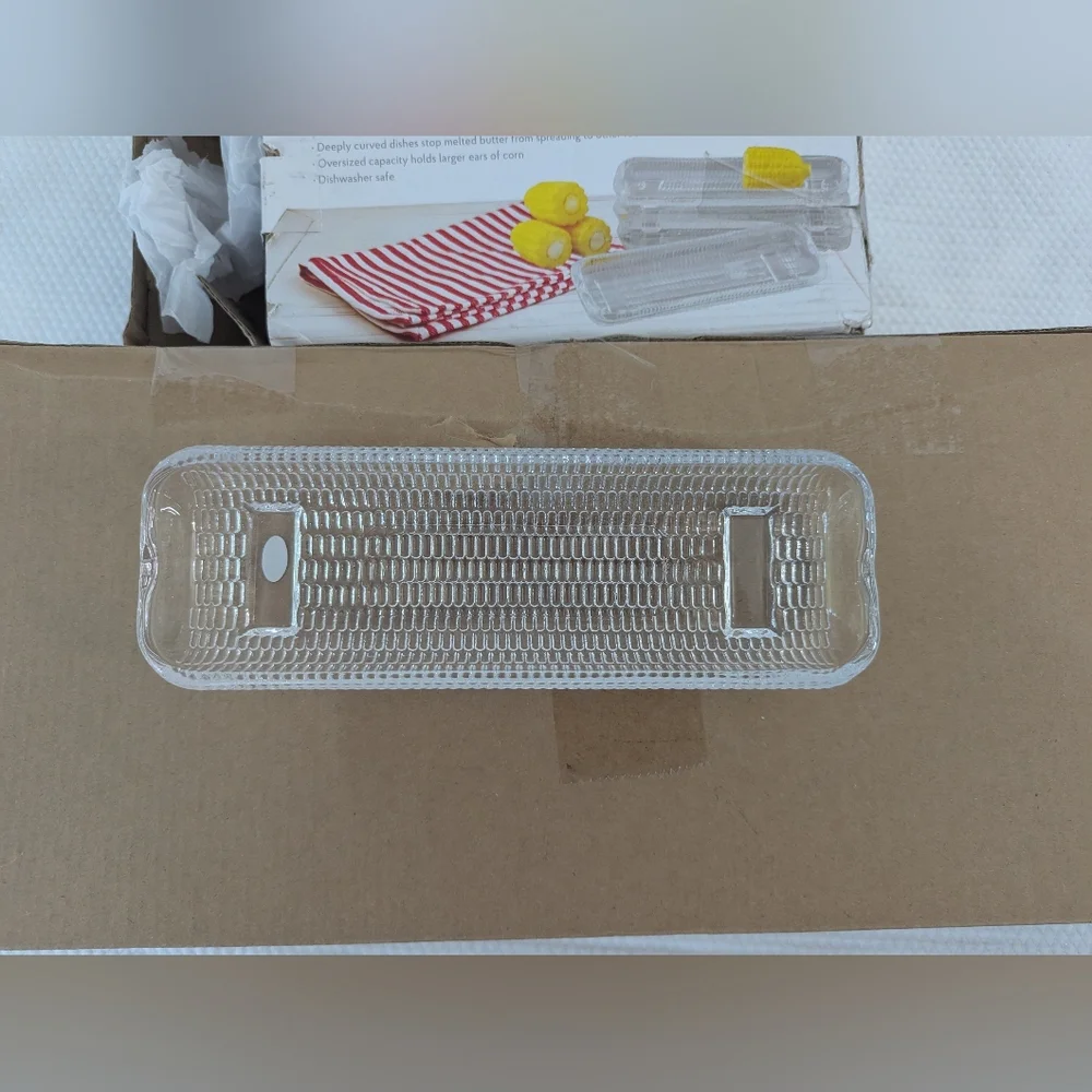 New 4 Vintage Clear Glass CORN ON THE COB Individual Serving Dish HOLDERS .